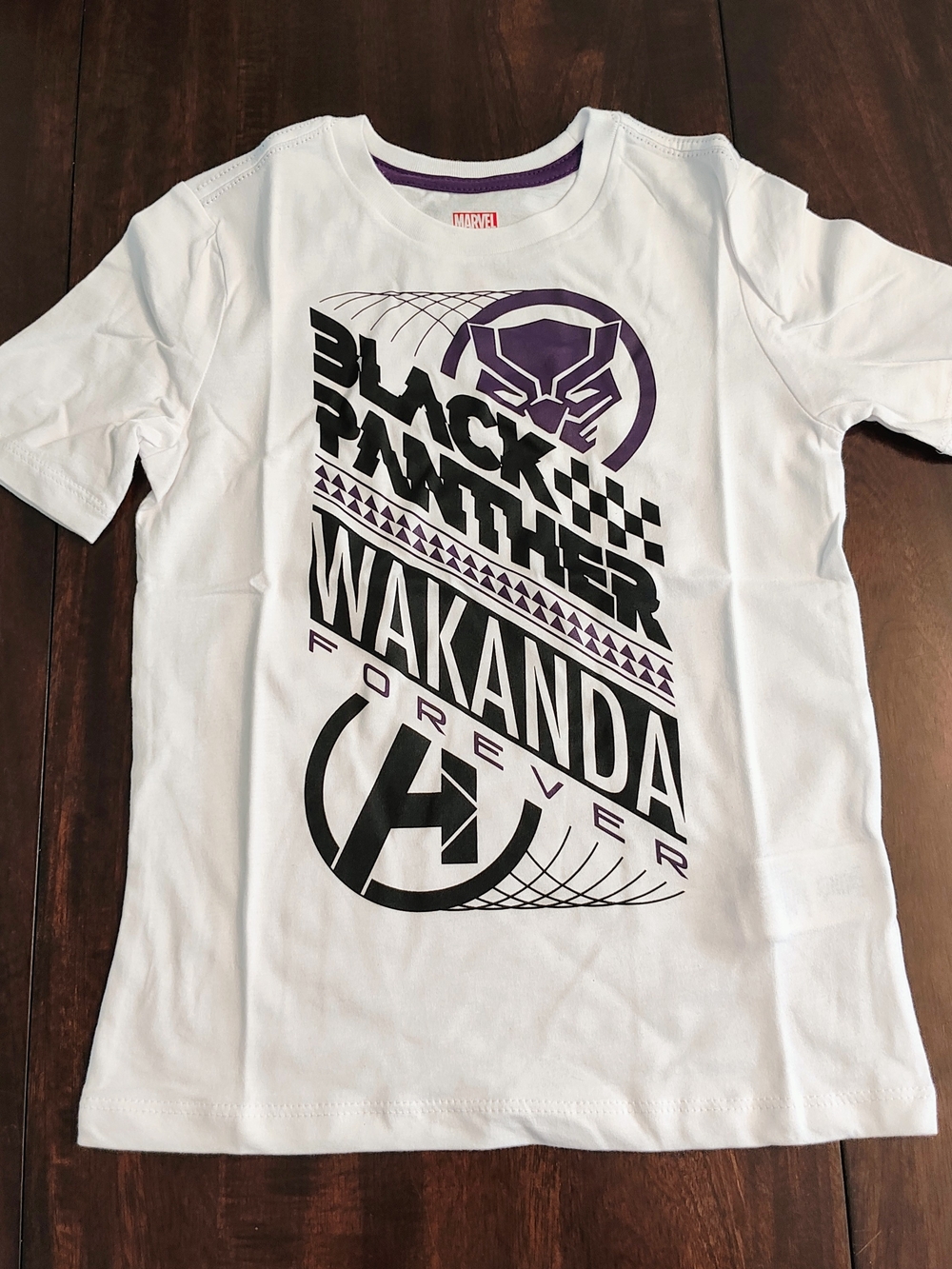 Marvel Kids White Tee Black Panther Wakanda Forever Graphic - Black & Purple